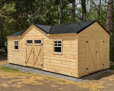 storage-shed Amish-built storage shed with a black roof, double doors and windows