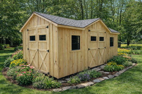 Wood storage shed surrounded by a beautiful flower garden and trees